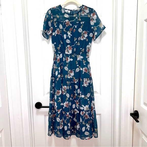 Bohme Teal Floral Sheer Overlay Midi Dress Size S - Picture 5 of 13